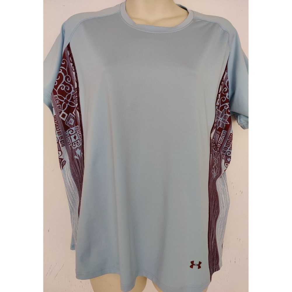 Under Armour Shirt Women's Pale Blue Floral Short Sleeve Athletic Golf Shirt XL